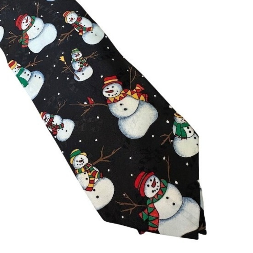 Hallmark Yule Tie Greetings Snowman Christmas Tie Mens Black‎ Holiday Silk Blend